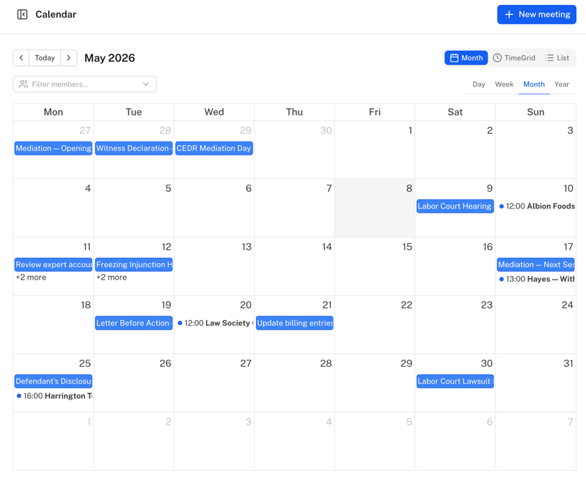 Calendar view with case milestones